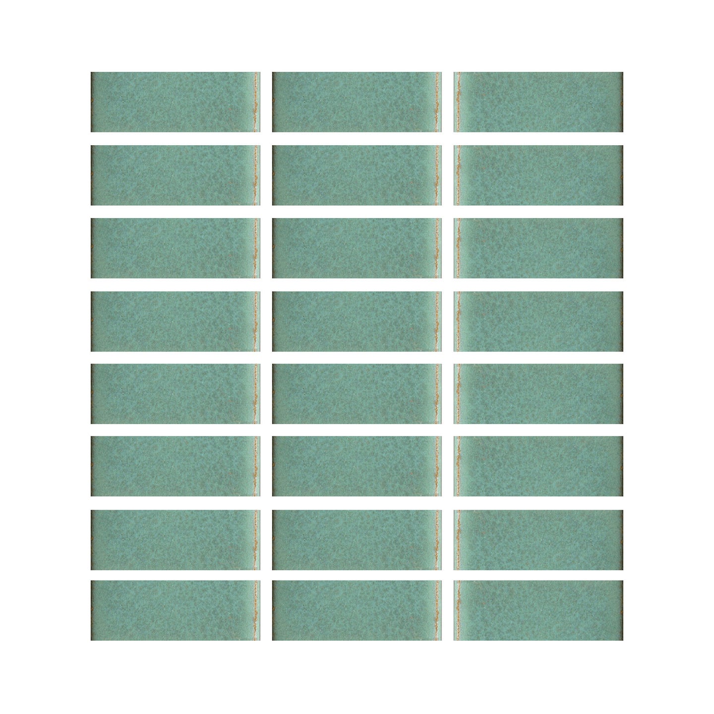 Copper patina 1x13 matte finish, transitioning in color from light green to turquoise.